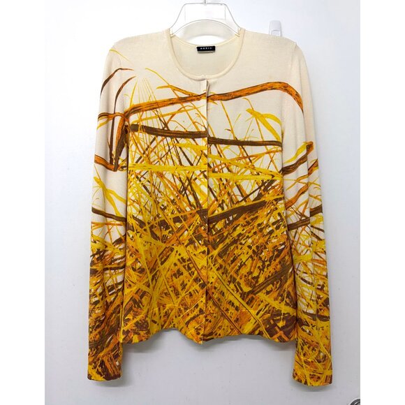 Akris Grass Print Silk Cardigan Sweater Yellow Straw Hay Stripe Button Down 10 - Picture 4 of 16